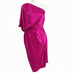 LANVIN 100% SILK FUCHSIA PINK ONE SLEEVE DRAPED BELTED COCKTAIL FORMAL DRESS
